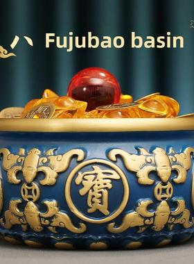 纯黄铜蓝色聚宝盆桌面装饰品新办公室开幕乔迁存钱罐米圆筒装饰收