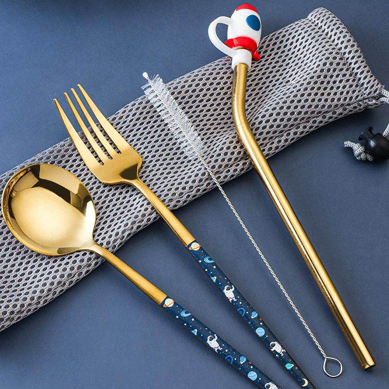 不锈钢勺叉吸管套装 创意中式户外叉勺子金属礼品便携餐具5件套装,餐饮具,叉/勺/筷套装,淘宝优惠券,粉丝福利购,淘宝优惠卷