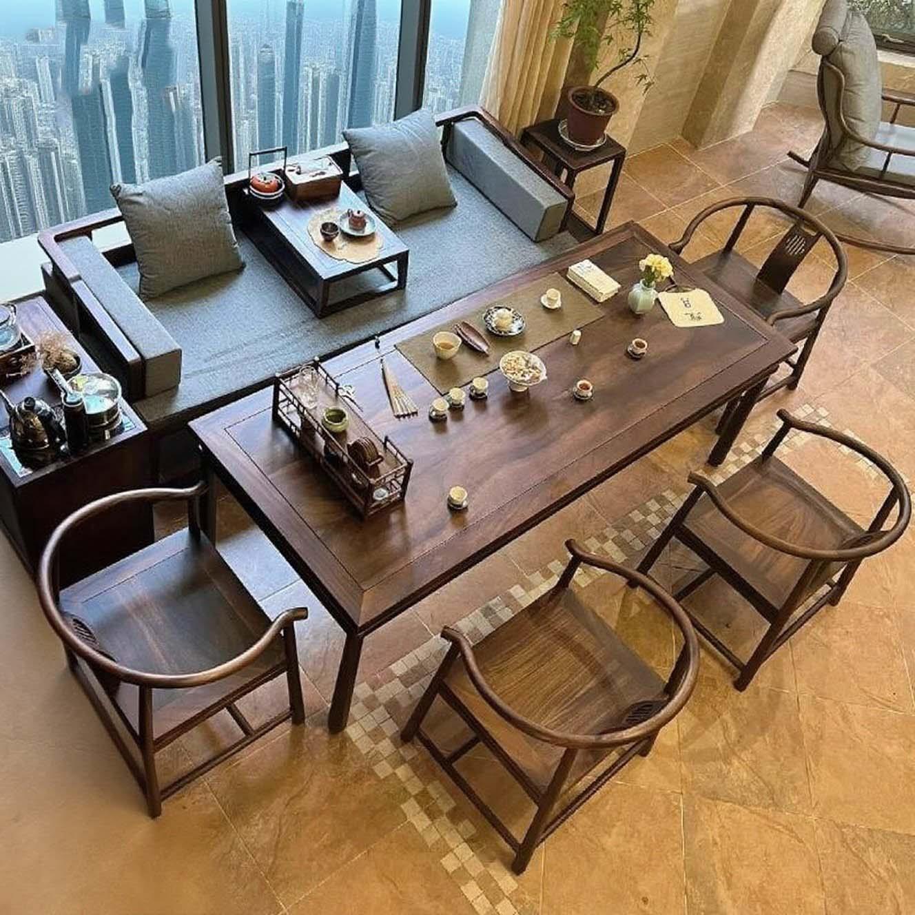 高端定制新中式黑胡桃木茶桌椅罗汉床设计师同款茶台白蜡木泡茶桌