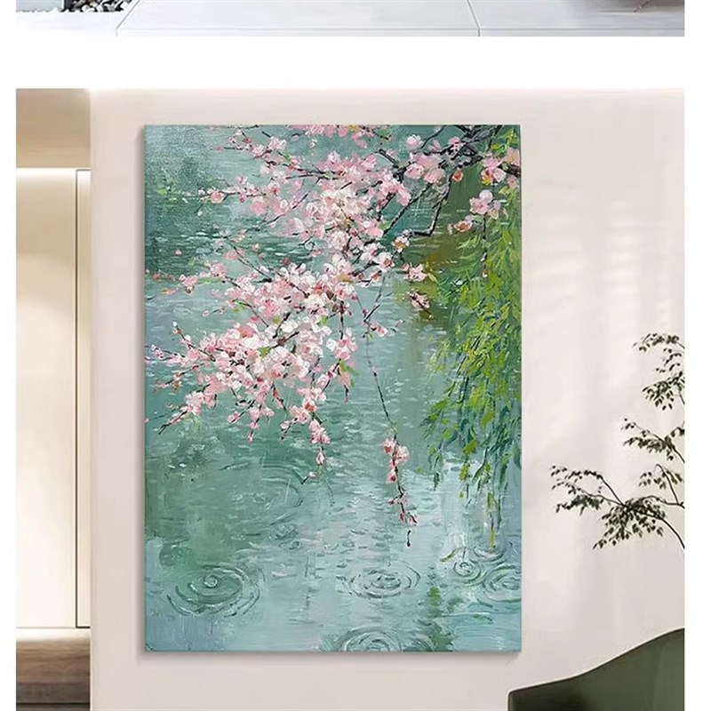 纯手绘粉色梅花手绘油画客厅玄关花卉风景装饰画丙烯肌理挂画图片