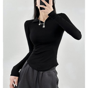 显瘦黑色辣妹polo领上衣加绒打底衫 长袖 修身 t恤女2025新款 秋冬季