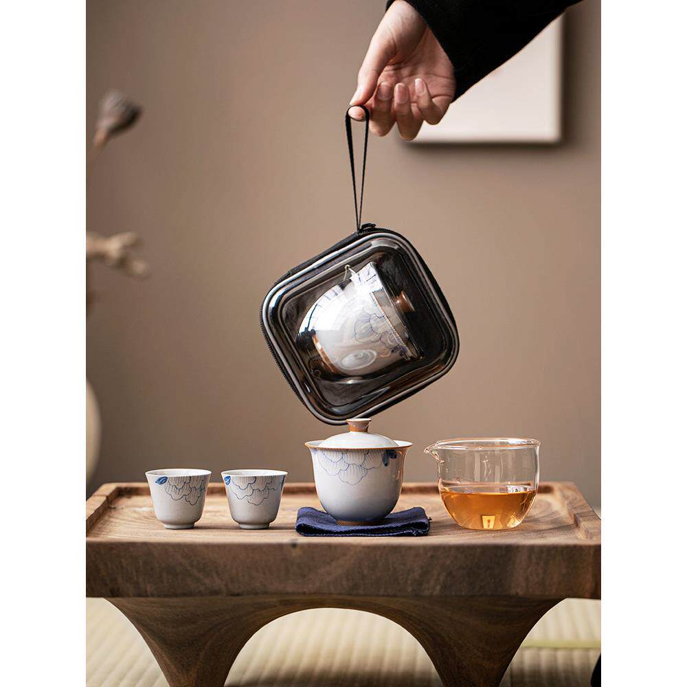 便携式旅行茶具一壶二杯简易2人泡茶喝茶套装纯手绘牡丹功夫茶具