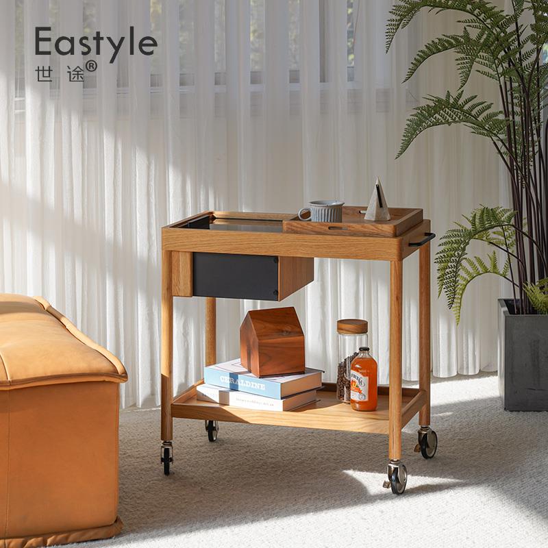 覆古实木边几北欧客厅可移动小推车中古沙发推拉茶几置物架酒水车