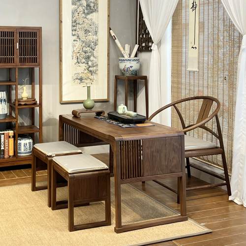 乐木新中式小空间阳台黑胡桃纯原木茶桌茶台组合茶室家具工厂店铺