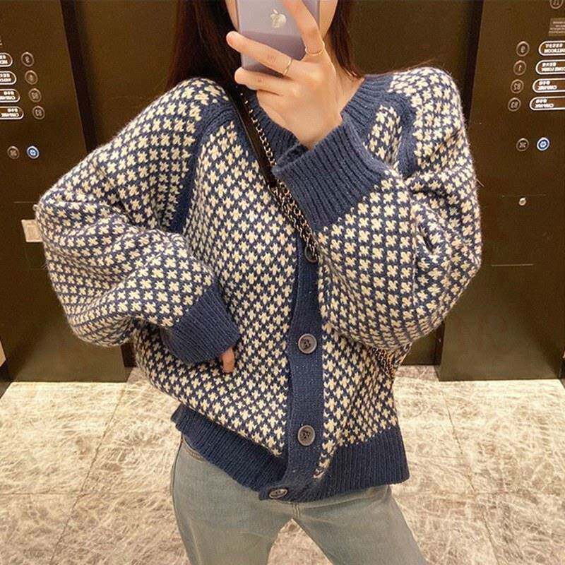 极速千鸟格针织开衫女秋冬欧货新款高级感小香风复古撞色格纹毛衣