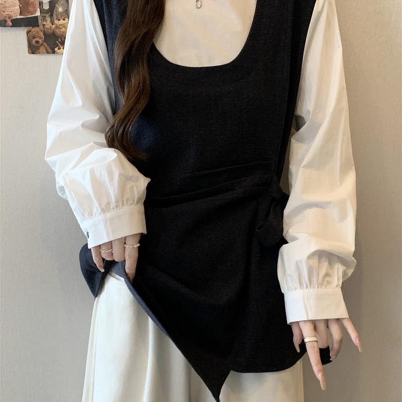 假两件拼接长袖打底衬衫女春秋2025大码胖mm显瘦系带收腰遮肚上衣