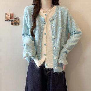 推荐紫色短款针织开衫毛衣外套女春秋2025大码胖mm时尚洋气假两件