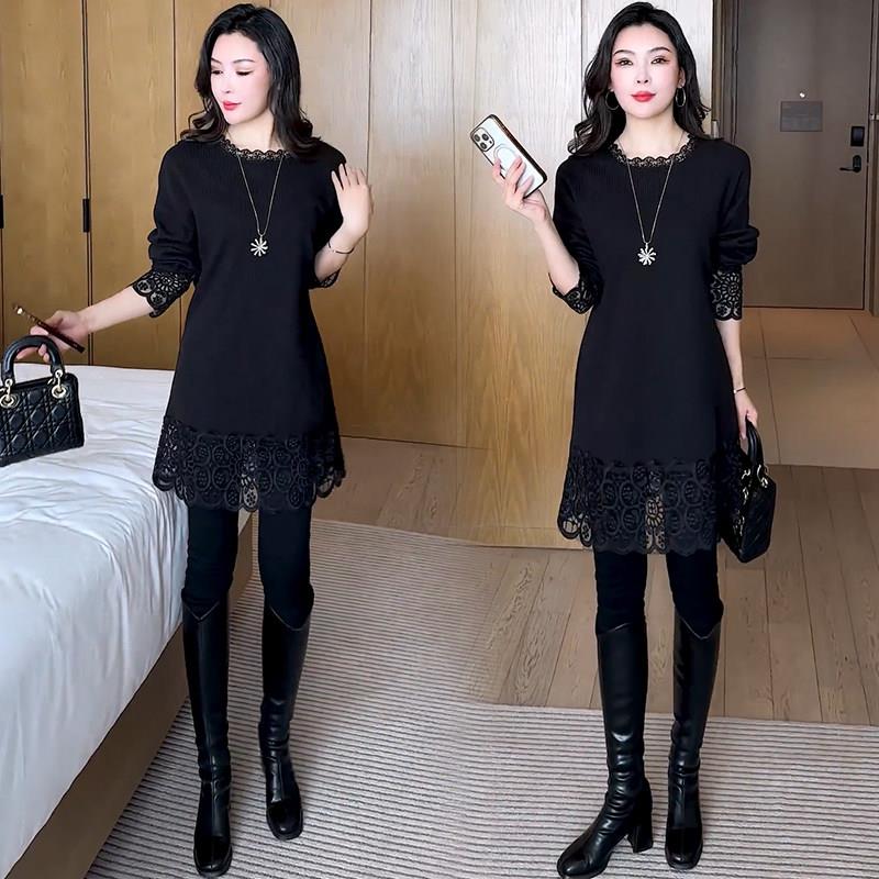 极速时尚蕾丝拼接长袖针织衫女士春秋新款中长款洋气显瘦黑色打底