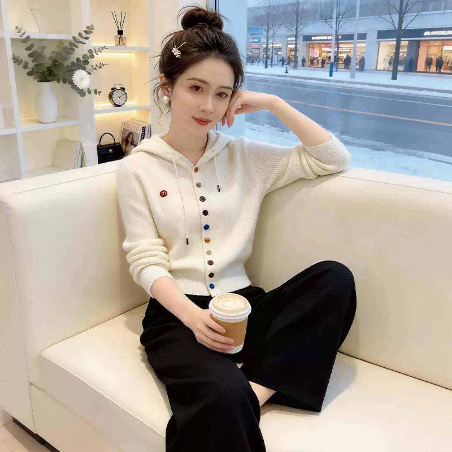 极速韩系连帽彩扣针织开衫女毛衣秋冬季2026新款宽松软糯外套气质