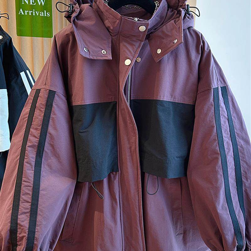 大码撞色拼接连帽棒球服外套女2025秋冬新款时尚宽松夹棉开衫上衣
