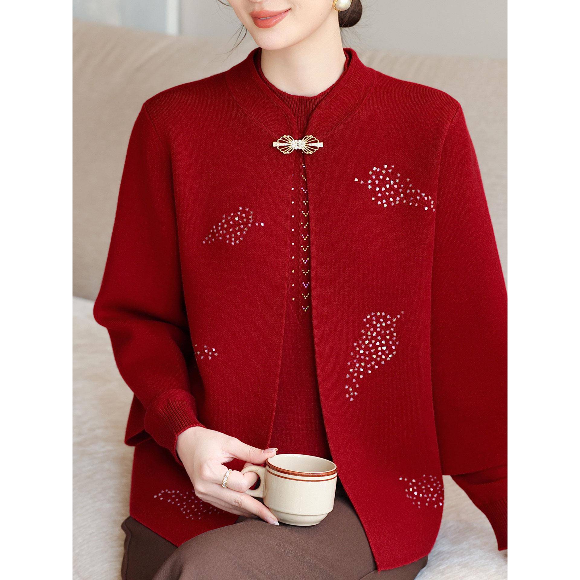 极速洋气妈妈秋装新款毛衣外套时尚开衫中老年女装针织上衣两件套