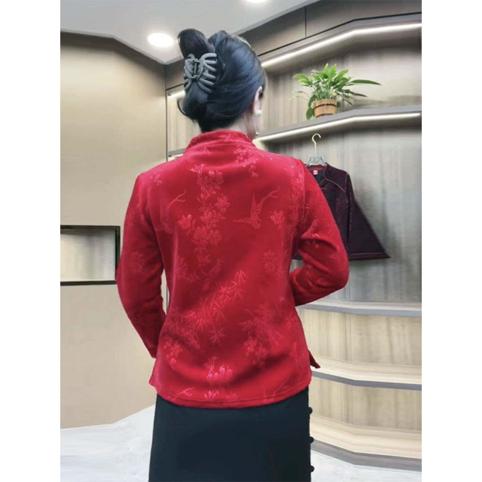 极速中老年妈妈丝绒外套年货新款中式旗袍上衣盘扣加绒唐装红色棉