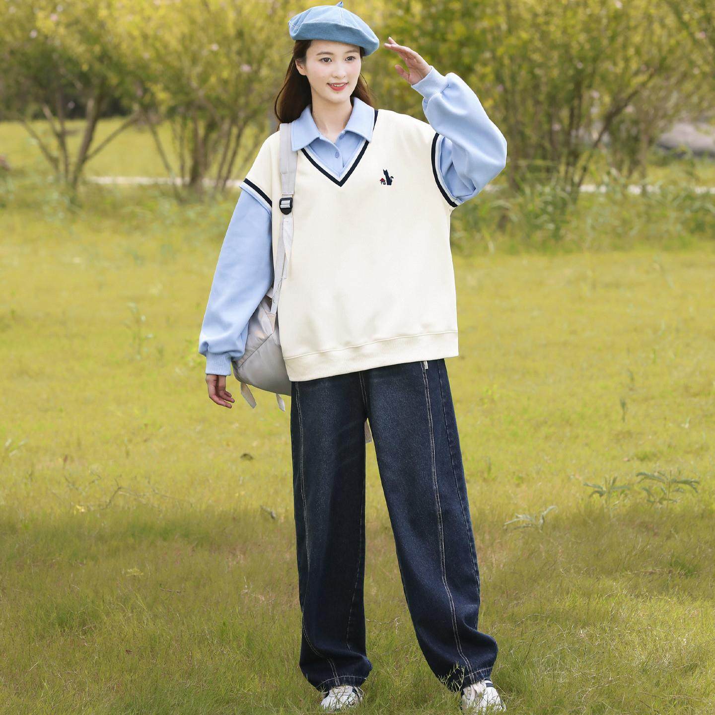 推荐初中生卫衣少女大童春秋季2025新款高中学生假两件拼接学院风