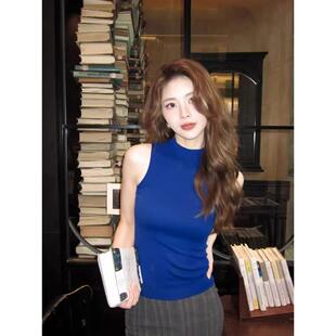 推荐克莱因蓝半高领针织背心女秋季纯欲辣妹显白修身显瘦内搭无袖
