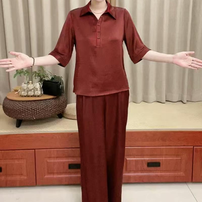 极速时尚套装丝缎撞色翻领中袖上衣加裤子两件套装遮肚显瘦高档妈