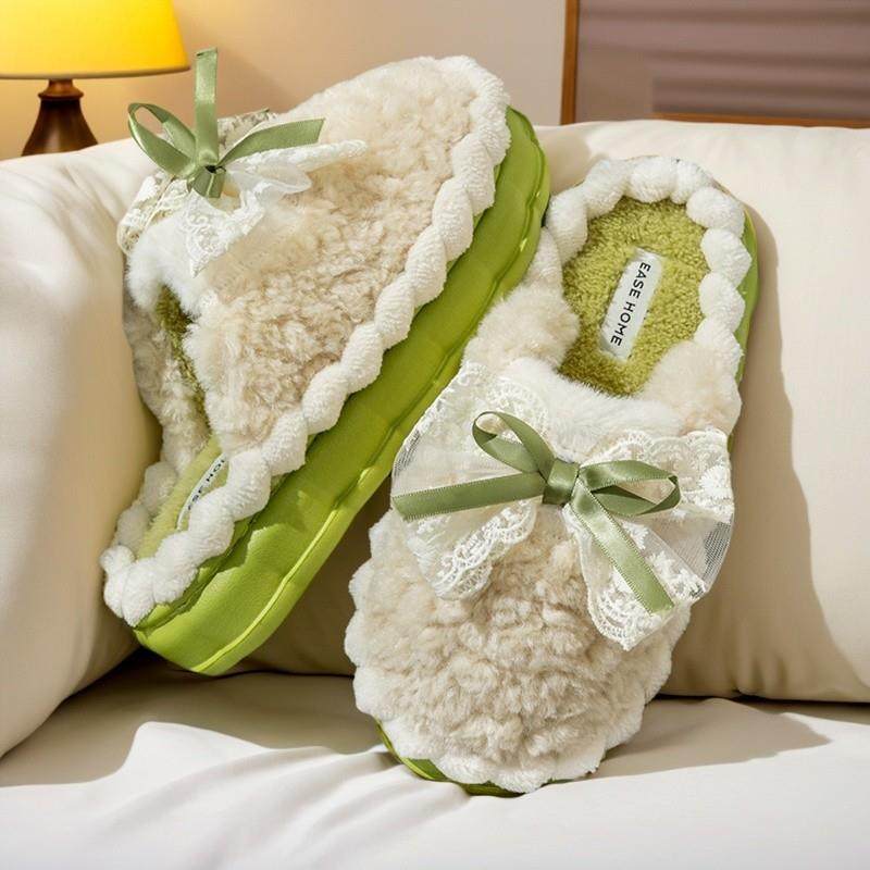 蝴蝶结棉拖鞋女士冬季保暖防滑室内家居2023新款厚底毛毛拖鞋冬天