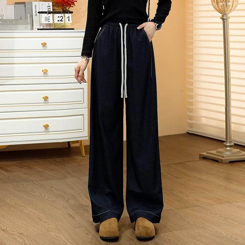 推荐原色天丝牛仔阔腿裤女秋季2025新款美式宽松慵懒风深蓝色直筒