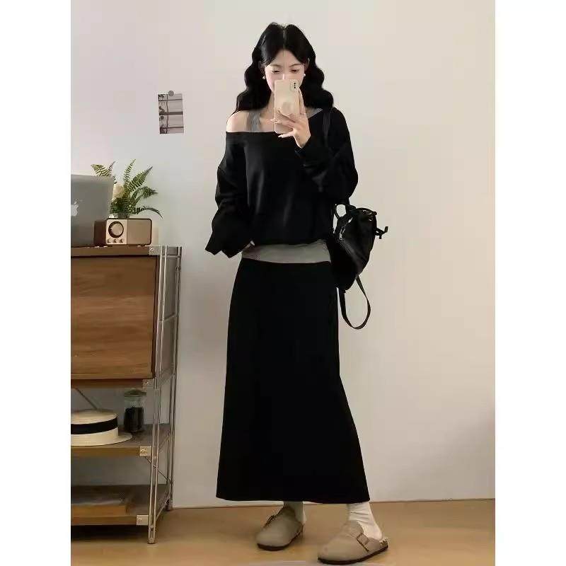 推荐大码女装2025秋超火搭配一整套今年流行假两件露肩卫衣黑色套,女装/女士精品,时尚套装,淘宝优惠券,粉丝福利购,淘宝优惠卷