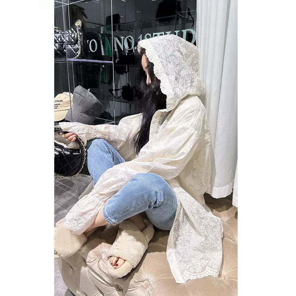 极速现货 春秋薄外套女2026新款设计感小众拼接开衫白色蕾丝连帽