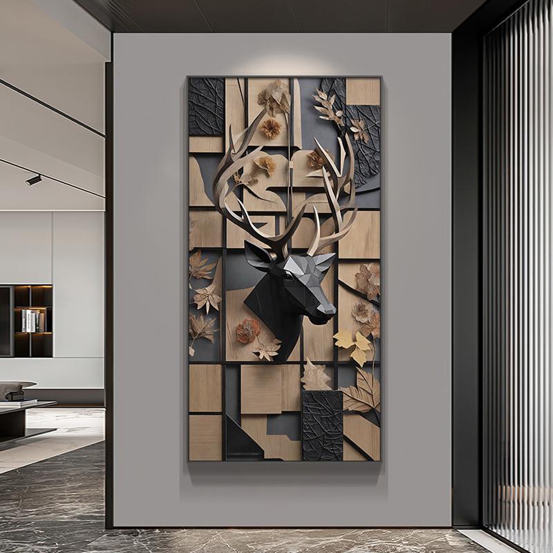 麋鹿浮雕立体玄关挂画高级感原木风入户门装饰画植物标本走廊壁画图片