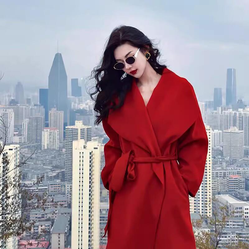 圣诞红双面羊绒毛呢大衣女