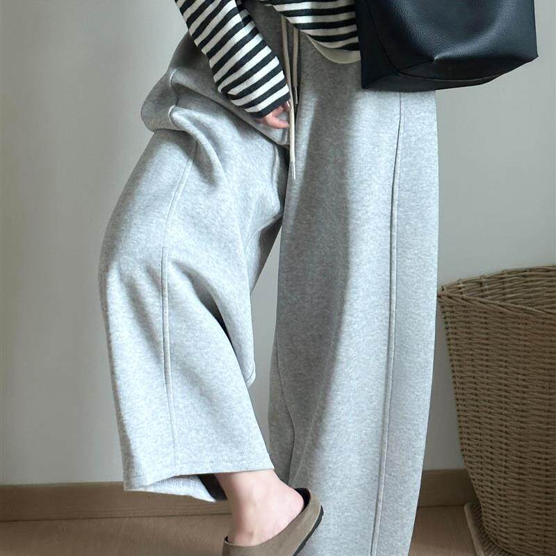灰色阔腿弯刀运动卫裤女秋季新款胖妹妹mm高腰宽松显瘦九分休闲裤