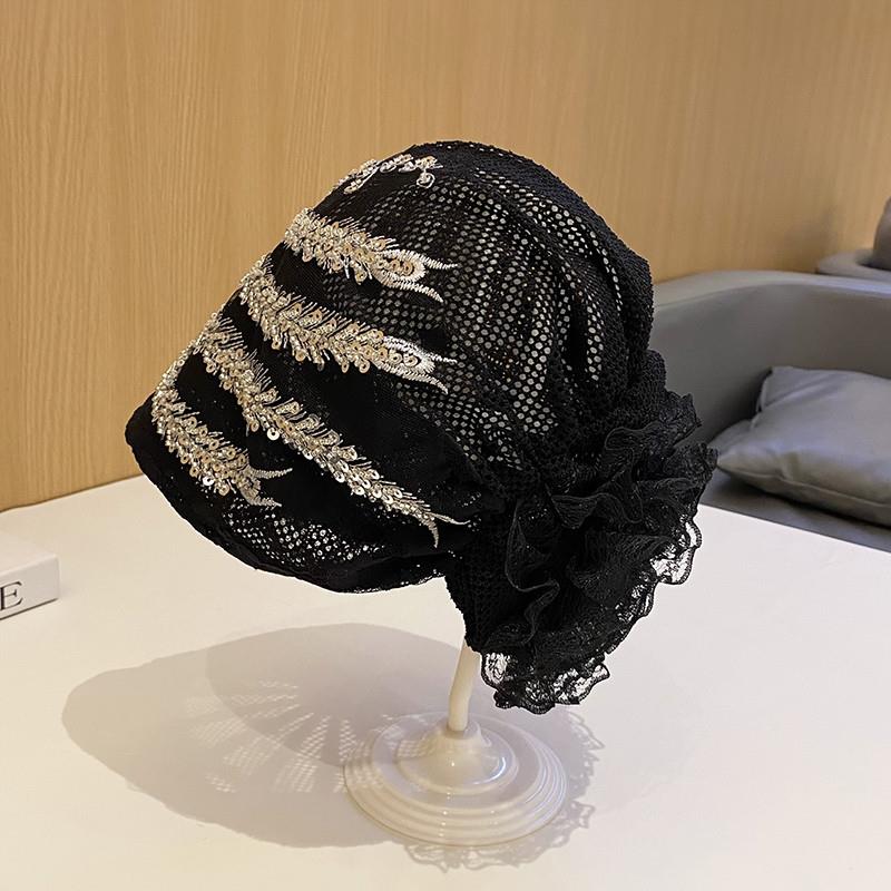 新品夏季薄款透气包头帽女士亮片刺绣镂空网帽百搭套头帽头巾帽遮