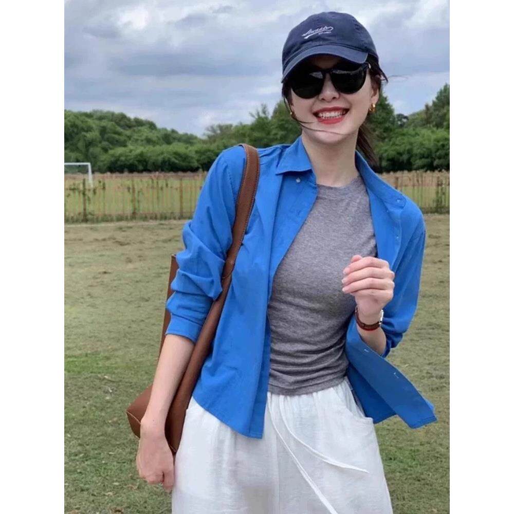 极速克莱因蓝色衬衫女秋季新款多巴胺显白小个子显高宽松短款衬衣
