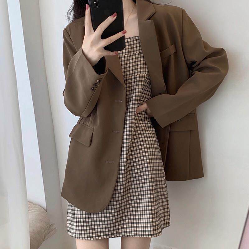 极速小个子西装外套女春秋韩版高级感洋气茶歇高级格子吊带裙两件