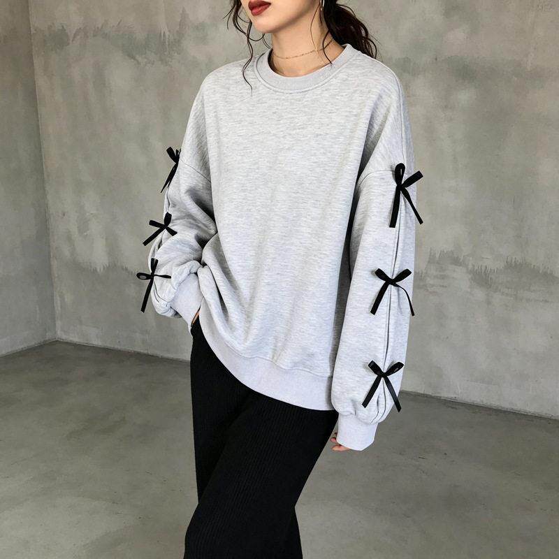 极速灰色圆领卫衣女2026春秋新款蝴蝶结设计感宽松套头无帽短上衣