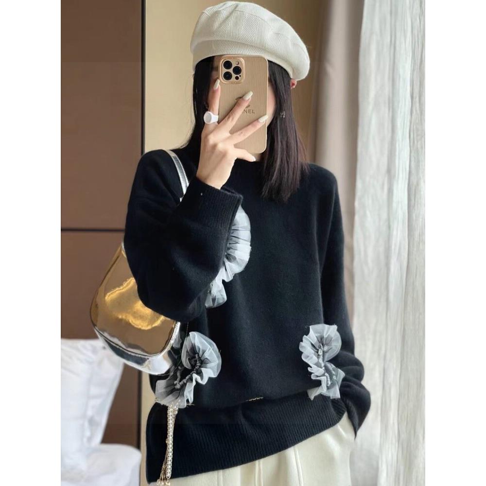 极速爱心毛衣女款秋冬季欧货小衫新款设计感网纱拼接慵懒风黑色针