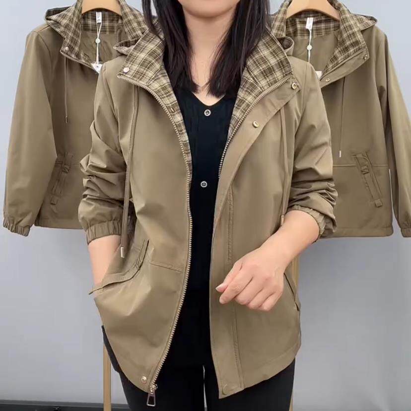 极速秋季时尚新款可拆帽款纯色格子印花风衣外套中老年休闲百搭妈