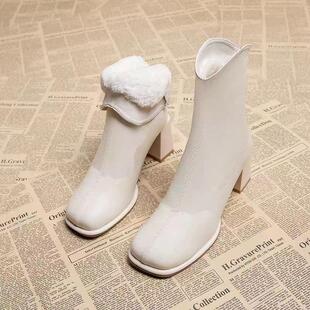 推荐加绒加厚雪地靴冬季女款棉鞋2024新款白色爆款短靴保暖高跟靴