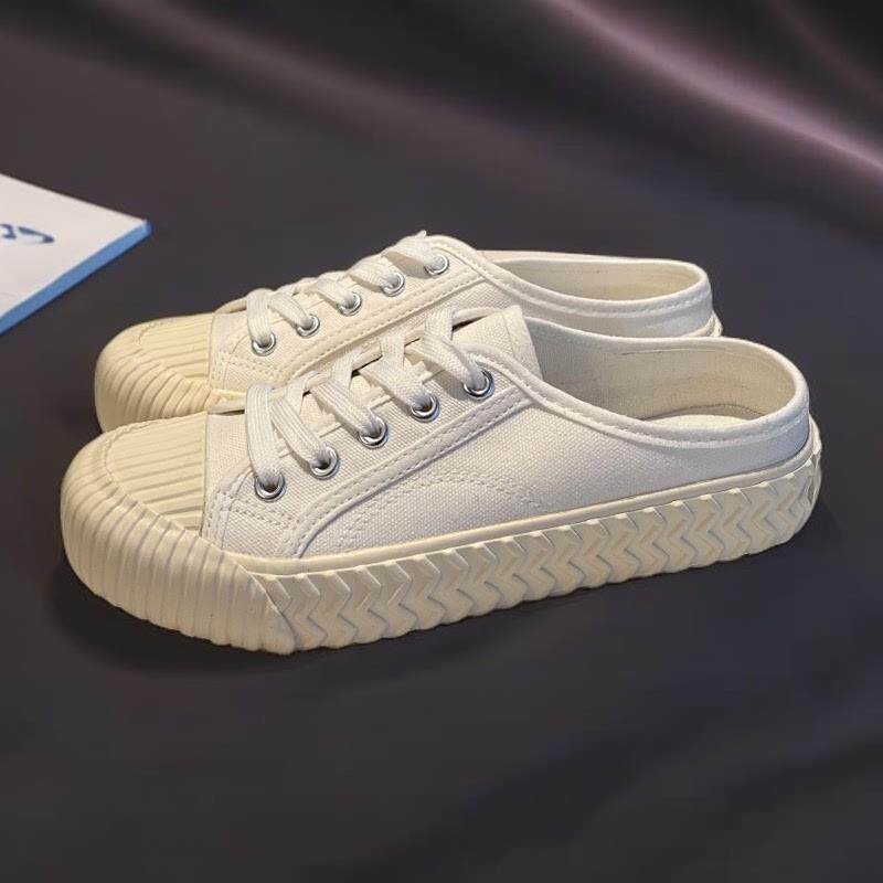 推荐半拖帆布鞋女夏季薄款透气学生百搭无后跟布鞋饼干鞋低帮轻便