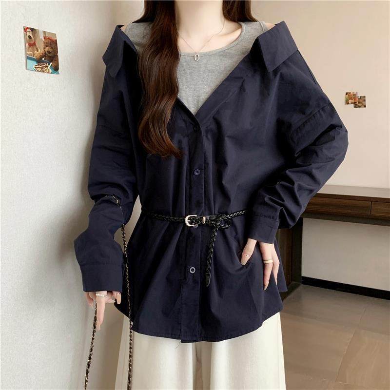 推荐爆款假两件露肩长袖衬