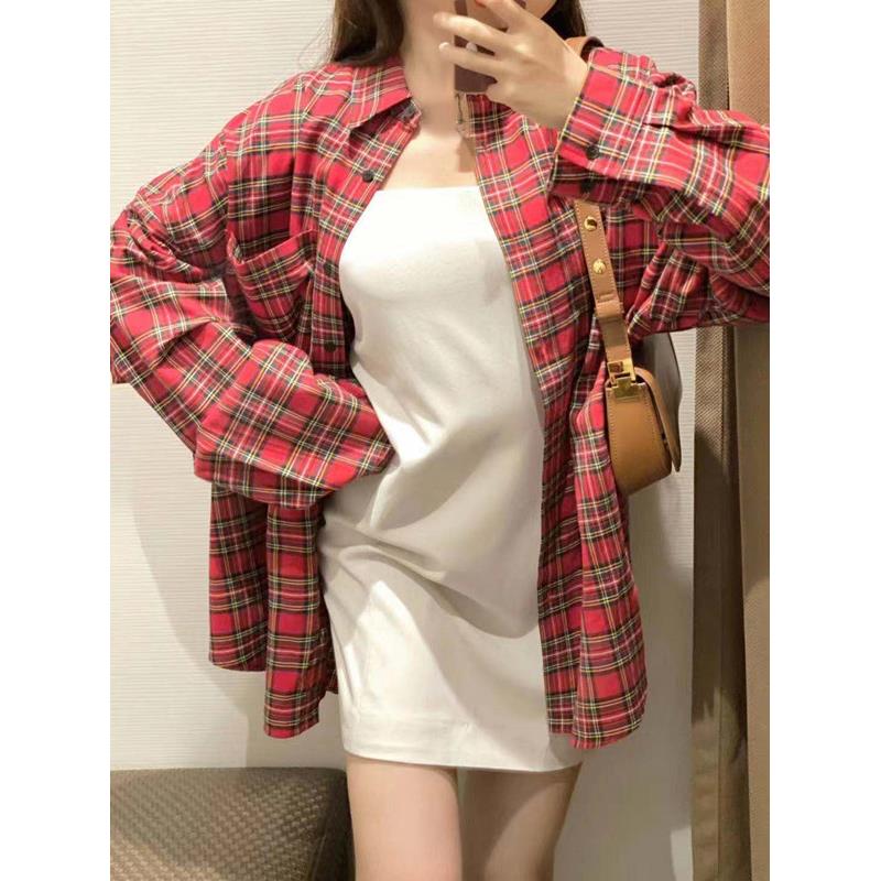 极速经典红色格子衬衫女春秋韩版漂亮复古休闲中长款BF风宽松格纹