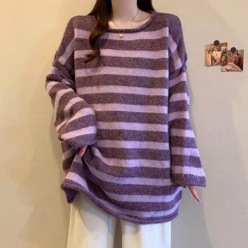 推荐宽松圆领撞色条纹针织衫毛衣女秋冬大码胖mm中长款遮屁股打底,女装/女士精品,毛衣,淘宝优惠券,粉丝福利购,淘宝优惠卷