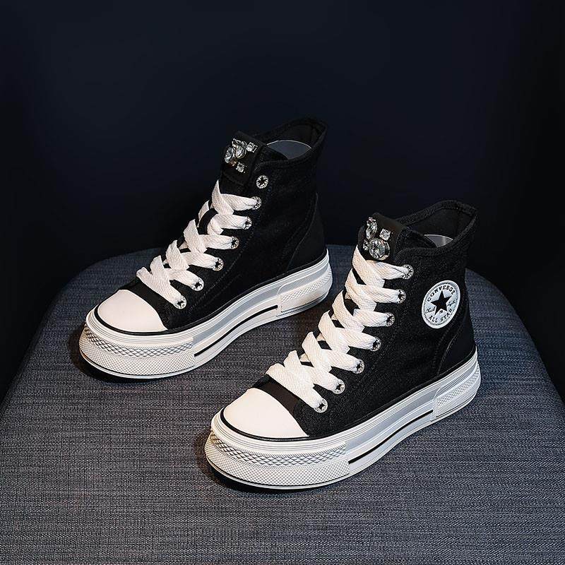 推荐透气高帮帆布鞋女2025夏季新款百搭厚底板鞋小个子休闲潮流小