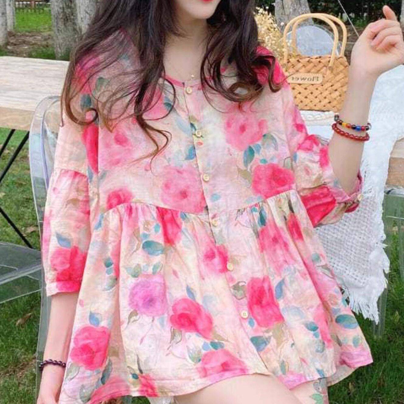极速欧洲站碎花衬衫女ins风设计感时尚洋气娃娃款大码苎棉麻中袖