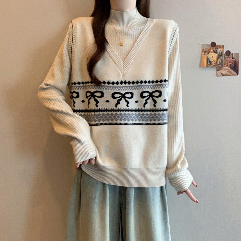 极速大码撞色蝴蝶结高领假两件长袖毛衣秋冬季胖MM宽松遮肉女装打