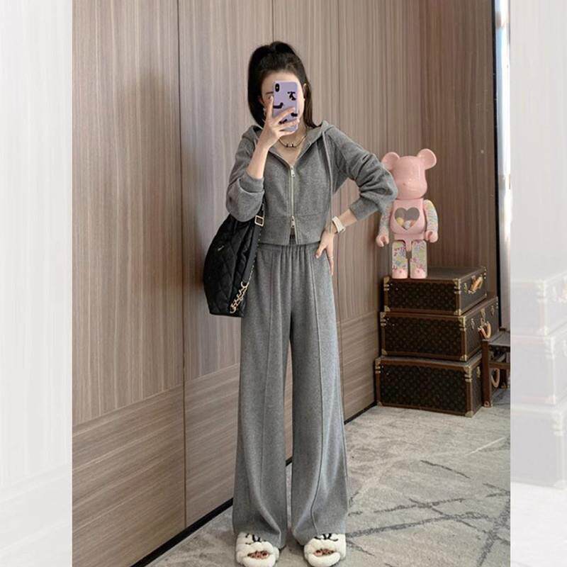 推荐大码高级感运动套装女春秋欧货休闲灰色复古卫衣两件套胖mm30