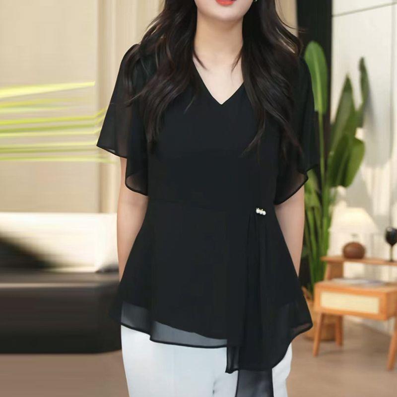 极速气质淑女妈妈黑色女V领雪纺衫2026新款大码宽松遮肉显瘦上衣