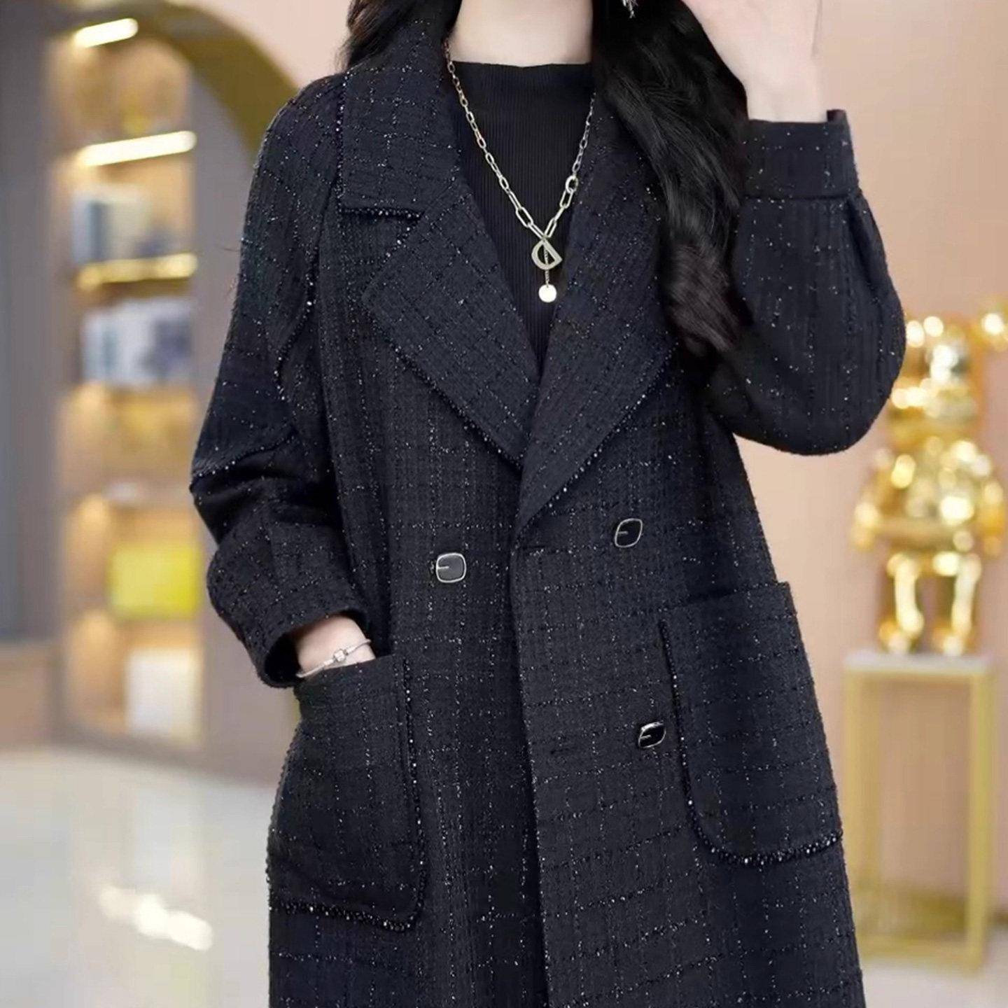 极速黑色时尚中长款毛呢外套女2026年冬季新款妈妈装修身显瘦减龄