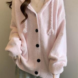 粉色抽绳连帽针织开衫毛衣外套女春秋2025大码胖mm宽松慵懒风上衣