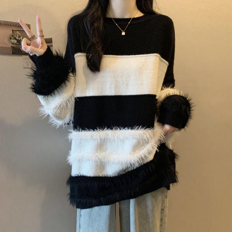 极速大码女装高级感黑白水貂绒条纹毛衣秋冬季胖MM宽松遮肉中长款