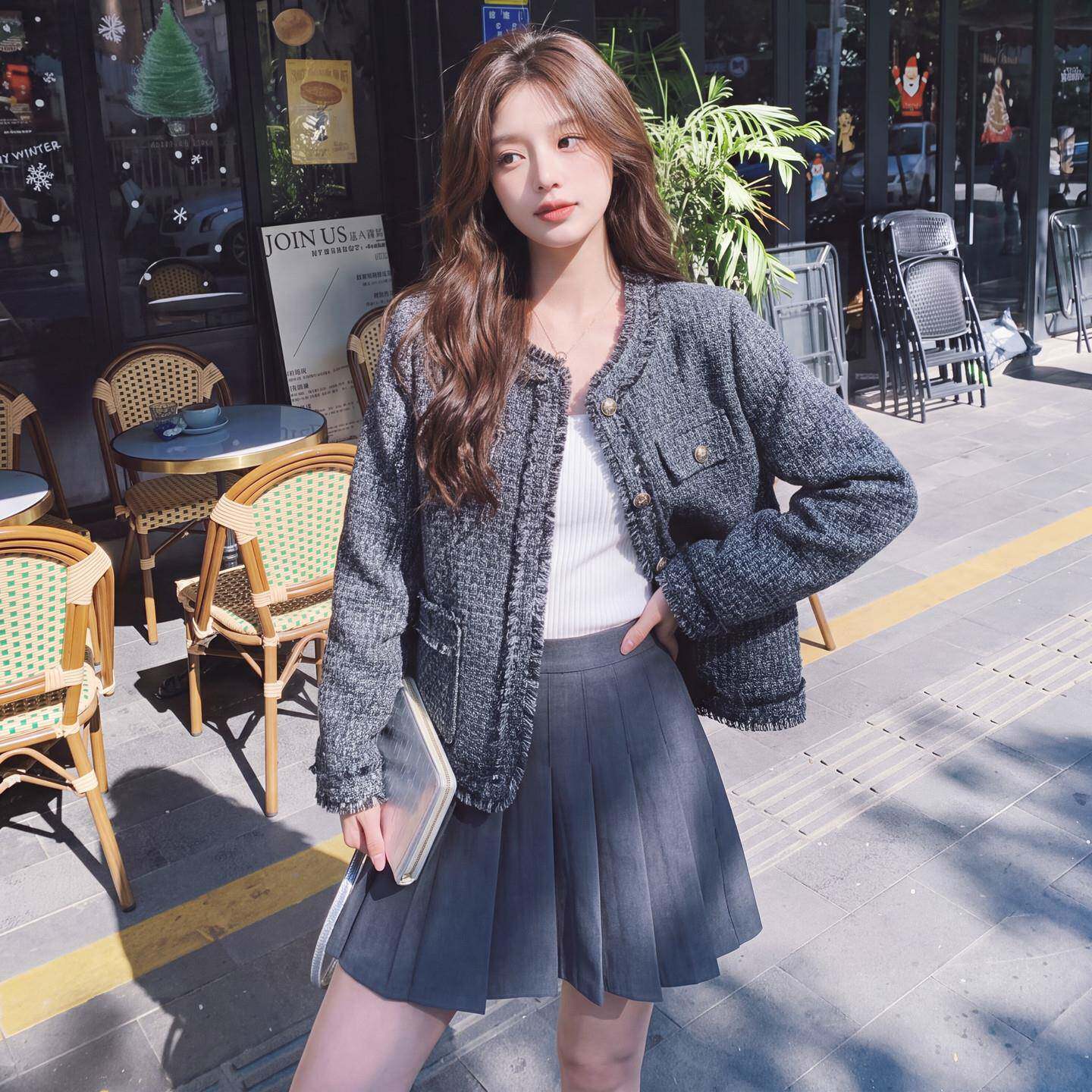 极速深灰色温柔小香风流苏法式毛呢上衣女秋新款小个子显瘦气质短