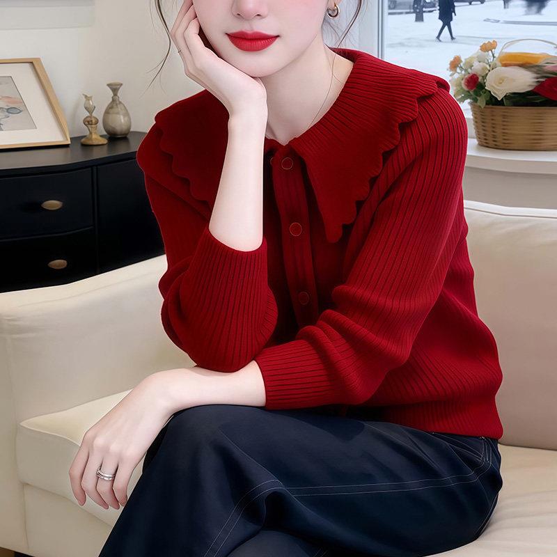 极速法式别致绝美红色毛衣外套女2026秋季复古时尚减龄娃娃领针织