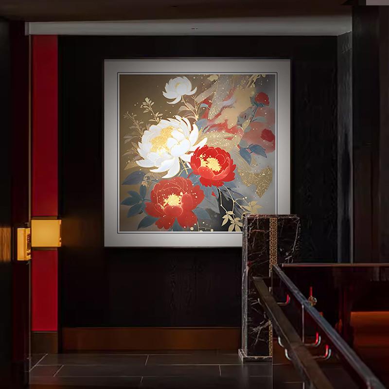 新品牡丹花挂画新中式玄关装饰画客厅沙发背景墙方形壁画高级感艺图片