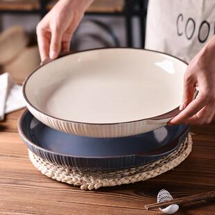 简约复古纯色双耳防滑大圆盘家用汤盘蒸鱼剁椒鱼头盘大号陶瓷盘