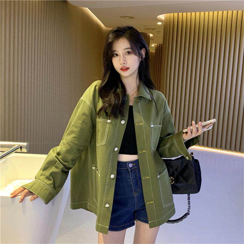 极速工装风军绿色牛仔衬衫秋装女2026年新款长袖衬衣今年流行牛仔